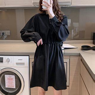 Long-sleeve Collar Drawstring-waist A-line Dress