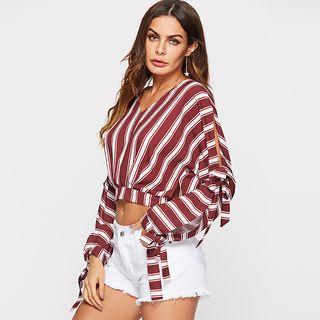 Striped V-neck Lace-up Sleeve Cropped Blouse