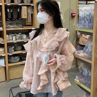 Bell-sleeve V-neck Ruffled Chiffon Blouse Pink - One Size