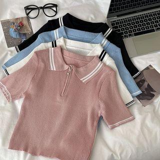 Short-sleeve Zip Polo Knit Top