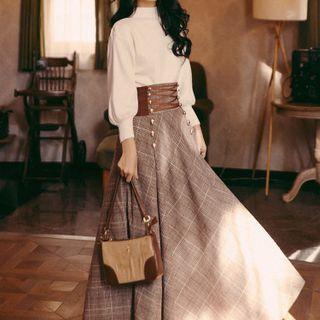 Set: Plain Knit Top + Check Maxi A-line Skirt