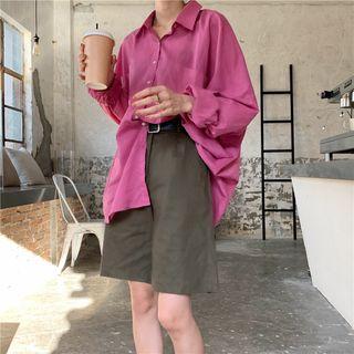 Plain Long-sleeve Loose-fit Shirt / High-waist Shorts