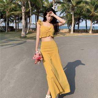 Set: Ruffle Cropped Camisole Top + Midi A-line Skirt