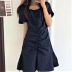 Square-neck Short-sleeve Ruffle Hem A-line Dress