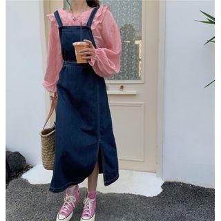 Long-sleeve Ruffle Trim Blouse / Denim Jumper Dress
