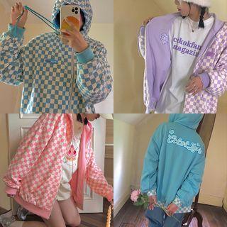 Reversible Checkerboard Pattern Zip-up Hoodie