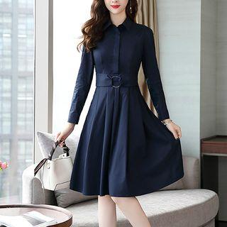 Plain Long-sleeve Midi A-line Shirt Dress