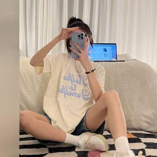Short Sleeve Letter Print Loose-fit T-shirt Almond - One Size
