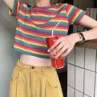 Rainbow-stripe Short-sleeve Cropped Top As Shown As Figure - One Size
