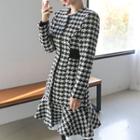 Round-neck Ruffle-hem Houndstooth Coat