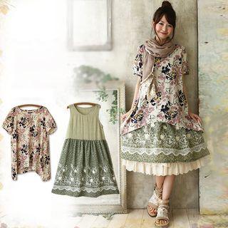 Set: Floral Print Short-sleeve Top + Embroidered Tank Dress