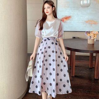 Puff-sleeve Plain Top + High-waist Dotted Dress