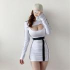 Long-sleeve Cutout Mini Sheath T-shirt Dress With Belt