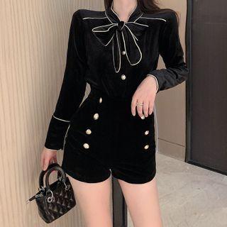 Contrast Trim Ribbon Blouse / High-waist Shorts