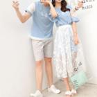 Couple Matching Lettering Short Sleeve T-shirt / Set: Short Sleeve T-shirt Dress + Midi Mesh Skirt