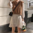 Knit Vest / Long-sleeve Floral Dress / Set