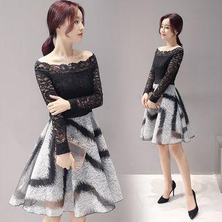 Off-shoulder Long-sleeve Lace Panel Dress