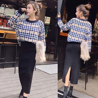 Plaid Sweater / Midi Slit Knit Skirt / Set