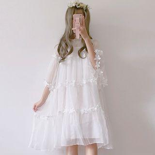 Set: 3/4-sleeve Ruffle A-line Dress + Slipdress