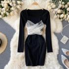Square-neck Panel Mesh Lace-up Strap Dress