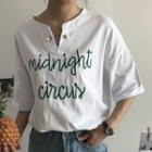 Faux Pearl Letter Embroidered Elbow Sleeve T-shirt