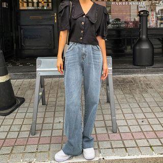 Tab-button Washed Wide-leg Jeans