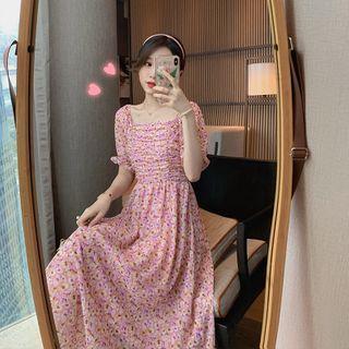 Floral Midi A-line Dress / Strappy Dress / Short-sleeve Top