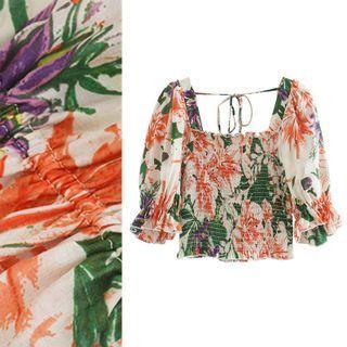Square-neck Floral Print Smocked Blouse
