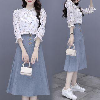 Set: 3/4-sleeve Floral Print Blouse + Midi A-line Skirt