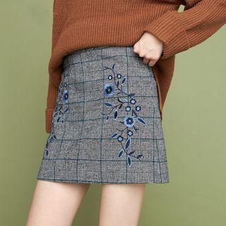 Flower Embroidered Plaid A-line Skirt