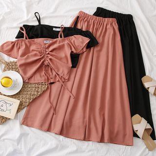 Set: Off-shoulder Drawstring Crop Top + A-line Skirt