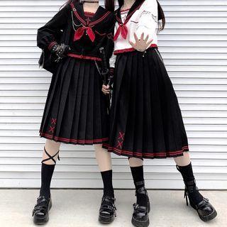 Long-sleeve Sailor Collar Top / Pleated A-line Skirt