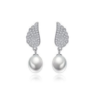 Sterling Silver Fashion Temperament Angel Wings White Freshwater Pearl Earrings With Cubic Zirconia Silver - One Size