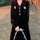 V-neck Long-sleeve Velvet Midi A-line Dress Black - One Size