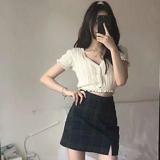 Set: Short-sleeve Knit Top + Plaid Mini Skirt