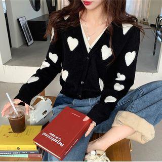 Heart Print Mock Two-piece Cropped Cardigan