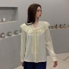 Long-sleeve Tie-neck Lace Panel Blouse Almond - One Size