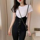 Short-sleeve Mock Two-piece Lace Up T-shirt