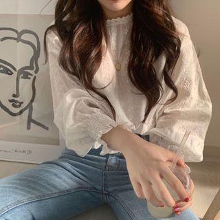 Plain Lace Embroider Blouse White - One Size