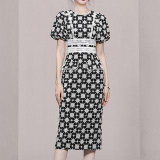 Puff-sleeve Lace Panel Midi Bodycon Dress