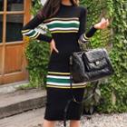 Long-sleeve Color Block Knit Dress Black - One Size
