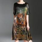 Print Short-sleeve Silk Dress