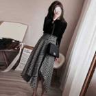 Bell-sleeve Knit Top / Houndstooth Midi A-line Skirt / Set