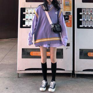 Long-sleeve Striped Shirt / Contrast Trim Knit Vest
