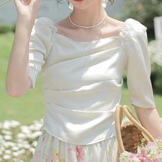 Puff-sleeve Square-neck Lace Panel Top