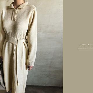 Knit Midi Polo Shirt Dress With Sash