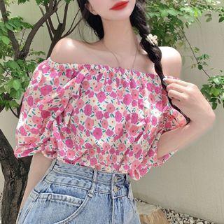 Short-sleeve Off-shoulder Flower Print Top