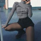 Turtleneck Long-sleeve T-shirt / Striped Off-shoulder T-shirt