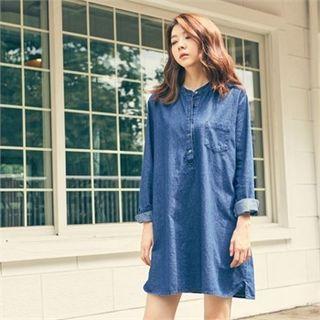 Half-placket Denim Shift Dress