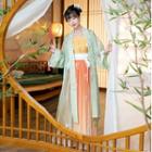 Hanfu Set: Plain Top + Flower Light Jacket + Maxi Skirt